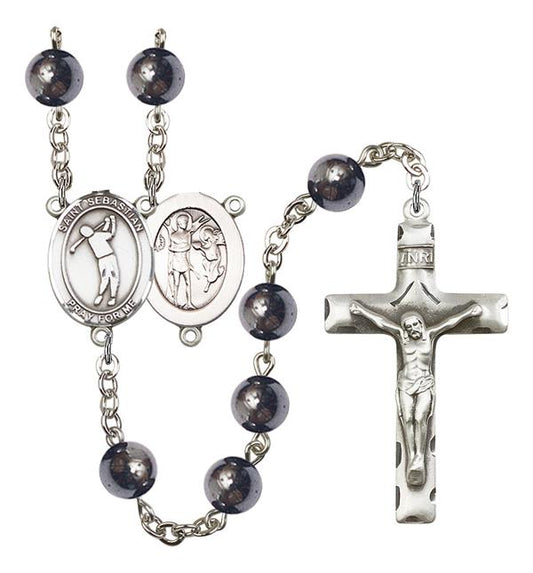 St. Sebastian / Golf Rosary, 8mm Hematite Beads, Silver Plate, # 11206
