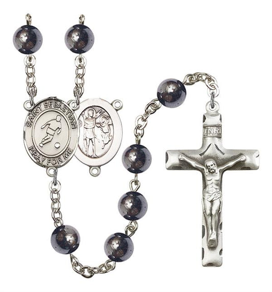 St. Sebastian / Soccer Rosary, 8mm Hematite Beads, Silver Plate, # 11208