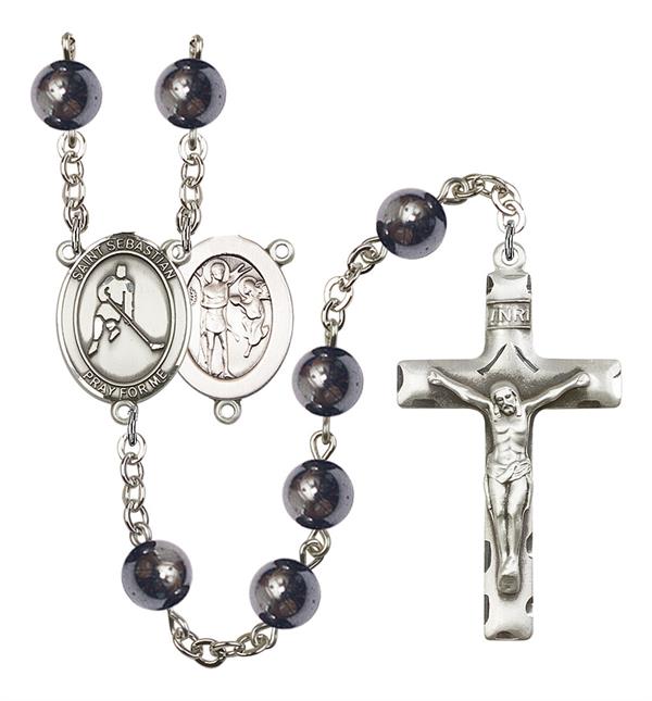 St. Sebastian / Ice Hockey Rosary, 8mm Hematite Beads, Silver Plate, # 11209