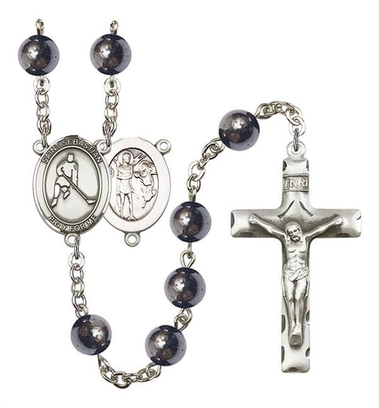 St. Sebastian / Ice Hockey Rosary, 8mm Hematite Beads, Silver Plate, # 11209