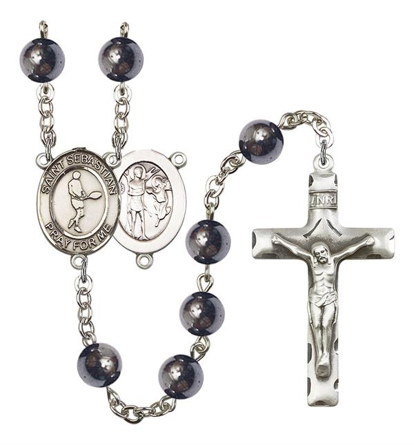 St. Sebastian / Tennis Rosary, 8mm Hematite Beads, Silver Plate, # 11210