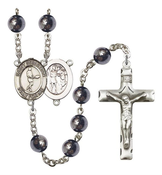 St. Sebastian / Tennis Rosary, 8mm Hematite Beads, Silver Plate, # 11210