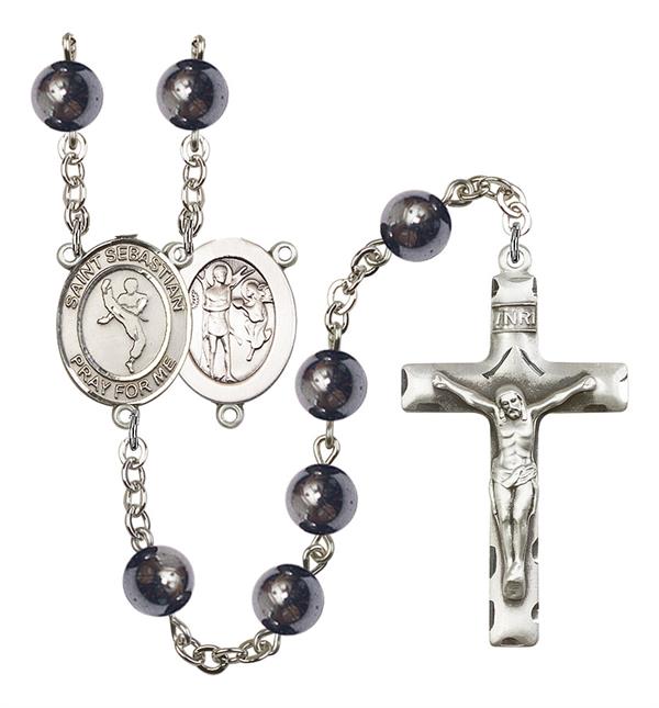 St. Sebastian / Martial Arts Rosary, 8mm Hematite Beads, Silver Plate, # 11212