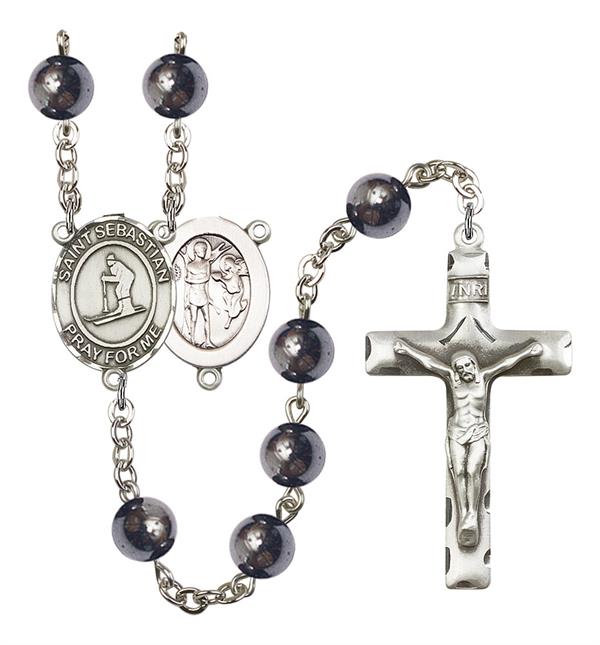 St. Sebastian / Skiing Rosary, 8mm Hematite Beads, Silver Plate, # 11213
