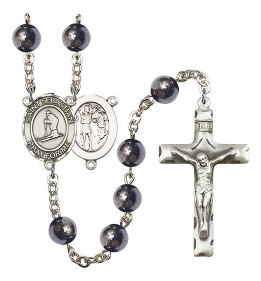 St. Sebastian / Skiing Rosary, 8mm Hematite Beads, Silver Plate, # 11213
