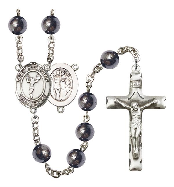 St. Sebastian / Cheerleading Rosary, 8mm Hematite Beads, Silver Plate, # 11214
