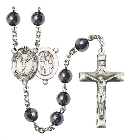St. Sebastian / Cheerleading Rosary, 8mm Hematite Beads, Silver Plate, # 11214