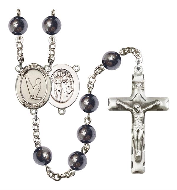 St. Sebastian / Gymnastics Rosary, 8mm Hematite Beads, Silver Plate, # 11216