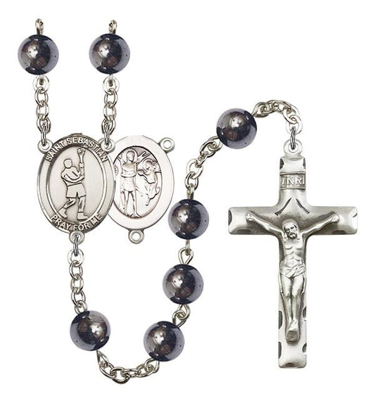 St. Sebastian / Lacrosse Rosary, 8mm Hematite Beads, Silver Plate, # 11218