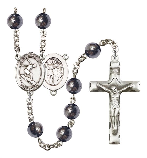 St. Sebastian / Surfing Rosary, 8mm Hematite Beads, Silver Plate, # 11219