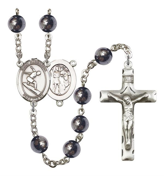St. Sebastian / Surfing Rosary, 8mm Hematite Beads, Silver Plate, # 11219