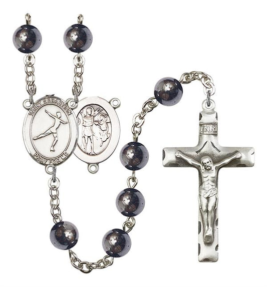 St. Sebastian / Figure Skating Rosary, 8mm Hematite Beads, Silver Plate, # 11221