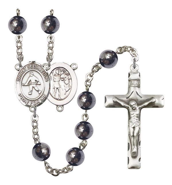 St. Sebastian / Field Hockey Rosary, 8mm Hematite Beads, Silver Plate, # 11222
