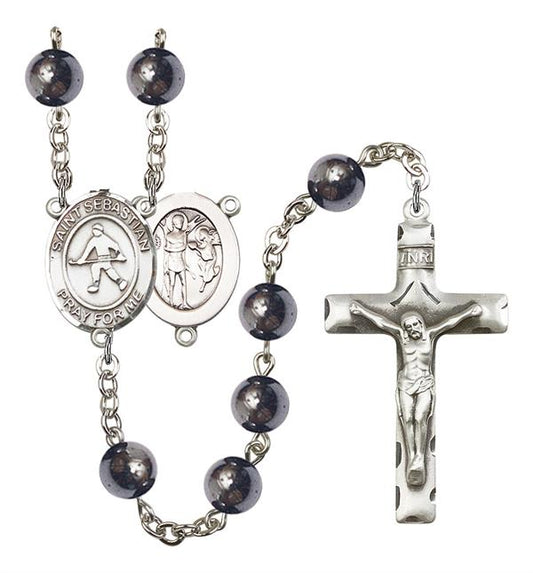 St. Sebastian / Field Hockey Rosary, 8mm Hematite Beads, Silver Plate, # 11222