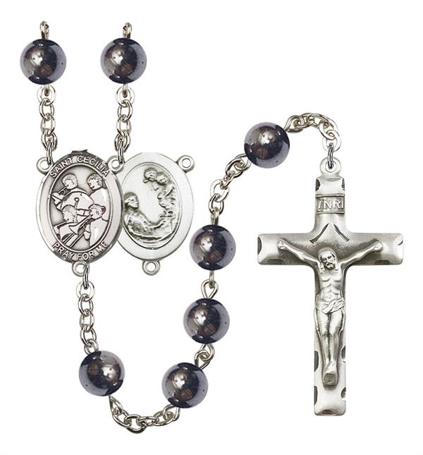 St. Cecilia / Marching Band Rosary, 8mm Hematite Beads, Silver Plate, # 11223