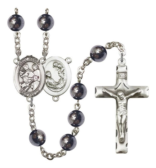 St. Cecilia / Marching Band Rosary, 8mm Hematite Beads, Silver Plate, # 11223