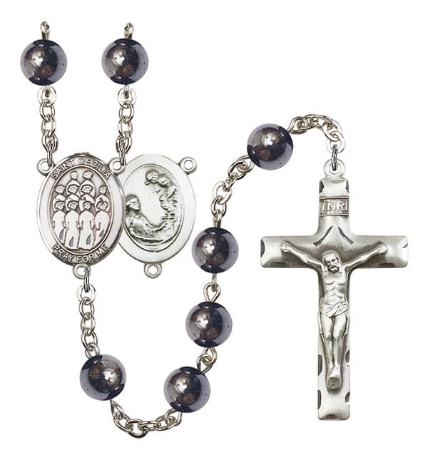 St. Cecilia / Choir Rosary, 8mm Hematite Beads, Silver Plate, # 11224