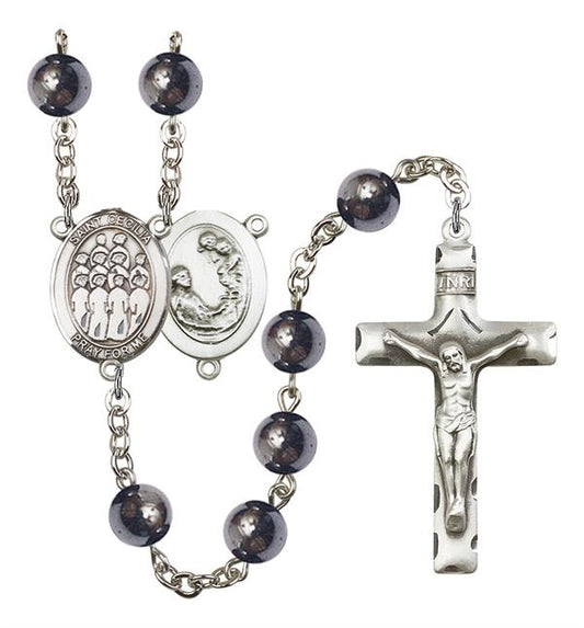 St. Cecilia / Choir Rosary, 8mm Hematite Beads, Silver Plate, # 11224