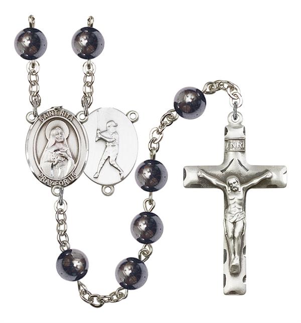 St. Rita / Baseball Rosary, 8mm Hematite Beads, Silver Plate, # 11225