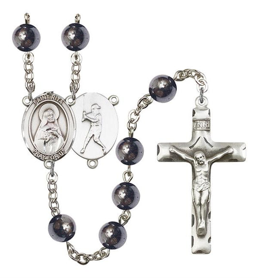 St. Rita / Baseball Rosary, 8mm Hematite Beads, Silver Plate, # 11225