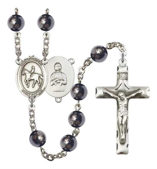 St. Kateri / Equestrian Rosary, 8mm Hematite Beads, Silver Plate, # 11226