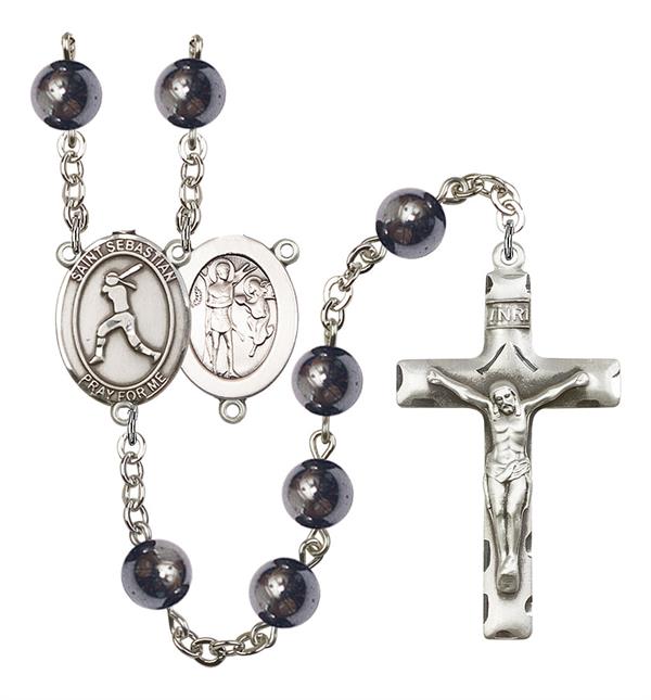 St. Sebastian / Women's Softball Rosary, 8mm Hematite Beads, Silver Plate, # 11227