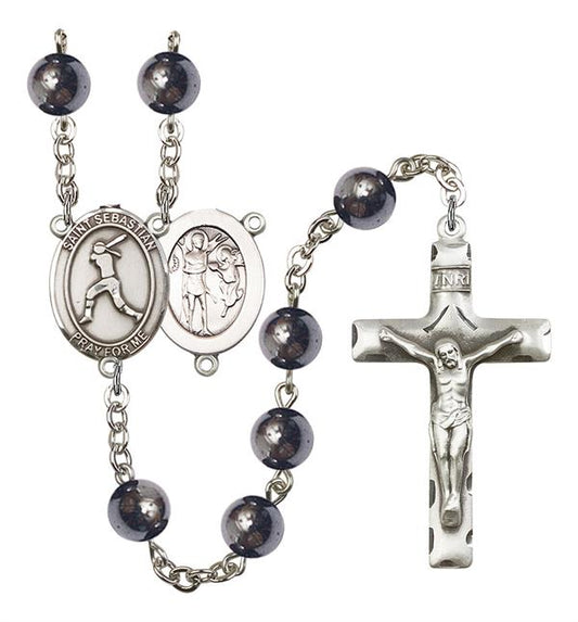 St. Sebastian / Women's Softball Rosary, 8mm Hematite Beads, Silver Plate, # 11227