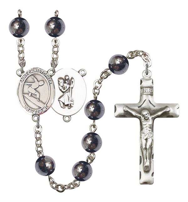 St. Christopher / Surfing Rosary, 8mm Hematite Beads, Silver Plate, # 11228