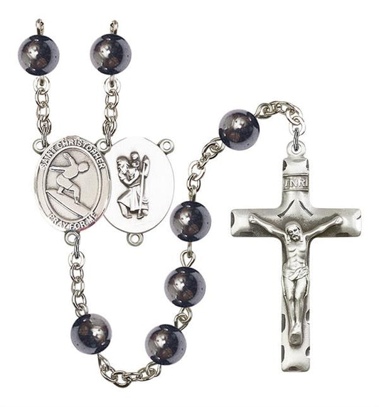 St. Christopher / Surfing Rosary, 8mm Hematite Beads, Silver Plate, # 11228