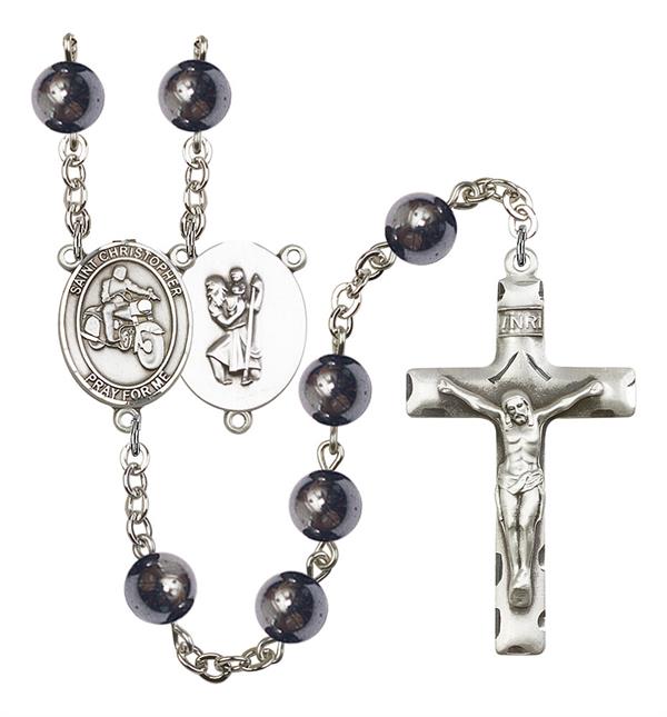 St. Christopher / Motorcycle Rosary, 8mm Hematite Beads, Silver Plate, # 11229