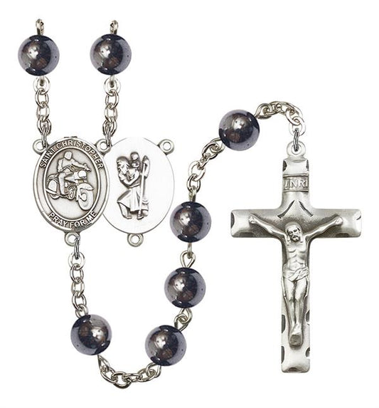 St. Christopher / Motorcycle Rosary, 8mm Hematite Beads, Silver Plate, # 11229