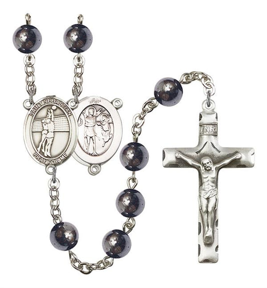 St. Sebastian / Volleyball Rosary, 8mm Hematite Beads, Silver Plate, # 11230