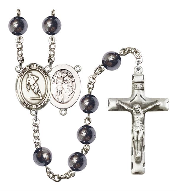 St. Sebastian / Rugby Rosary, 8mm Hematite Beads, Silver Plate, # 11231