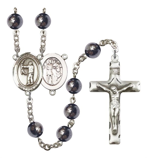 St. Sebastian / Archery Rosary, 8mm Hematite Beads, Silver Plate, # 11233