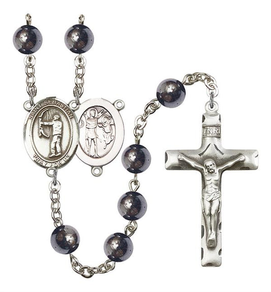 St. Sebastian / Archery Rosary, 8mm Hematite Beads, Silver Plate, # 11233