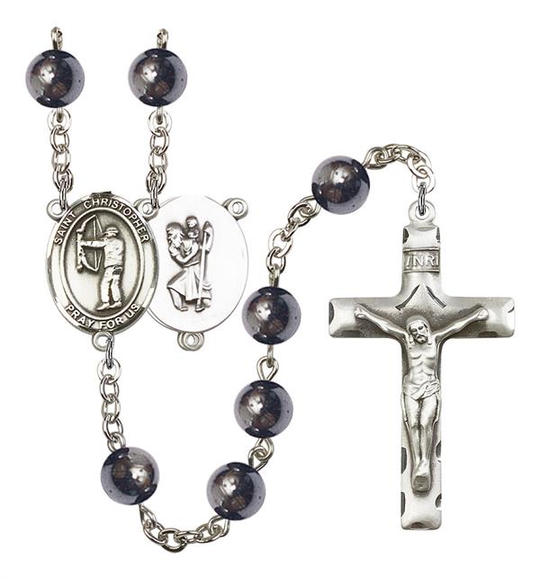 St. Christopher / Archery Rosary, 8mm Hematite Beads, Silver Plate, # 11234