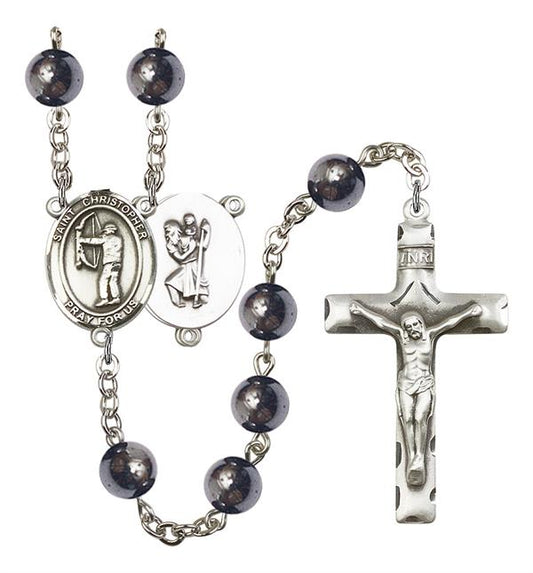 St. Christopher / Archery Rosary, 8mm Hematite Beads, Silver Plate, # 11234