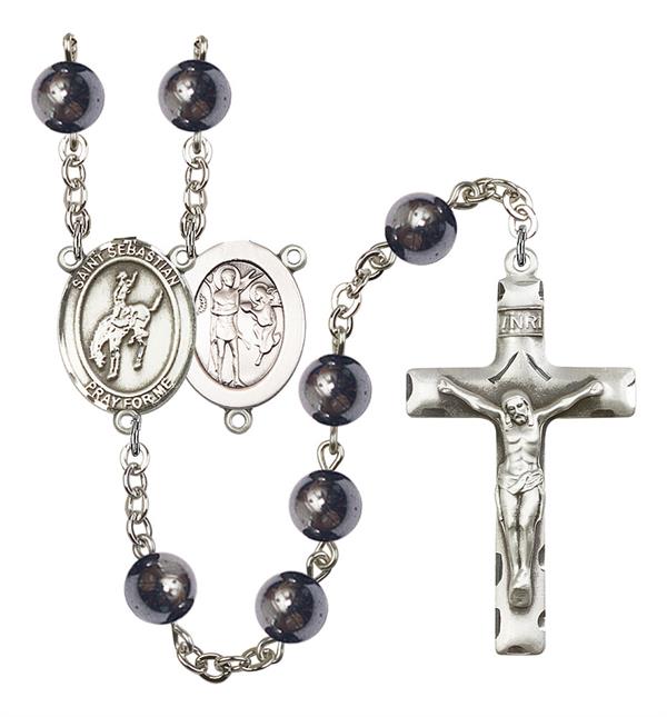 St. Sebastian / Rodeo Rosary, 8mm Hematite Beads, Silver Plate, # 11235