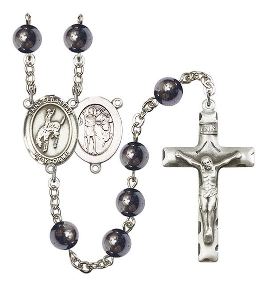 St. Sebastian / Rodeo Rosary, 8mm Hematite Beads, Silver Plate, # 11235