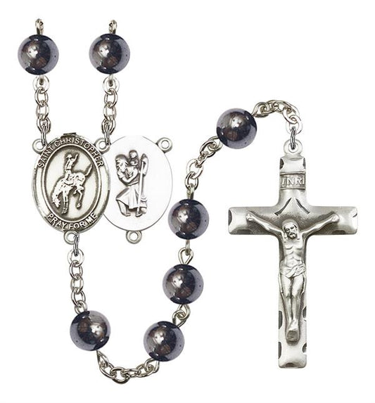 St. Christopher / Rodeo Rosary, 8mm Hematite Beads, Silver Plate, # 11236