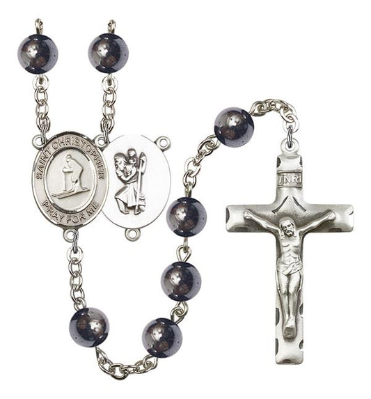 St. Christopher / Skiing Rosary, 8mm Hematite Beads, Silver Plate, # 11237