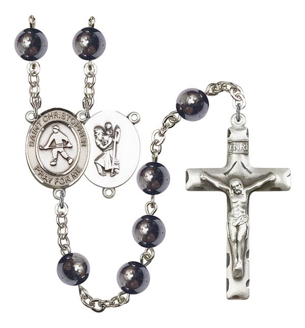 St. Christopher / Field Hockey Rosary, 8mm Hematite Beads, Silver Plate, # 11239