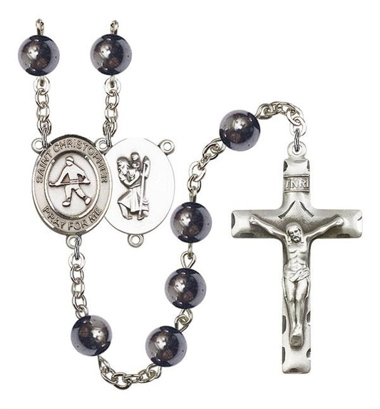 St. Christopher / Field Hockey Rosary, 8mm Hematite Beads, Silver Plate, # 11239
