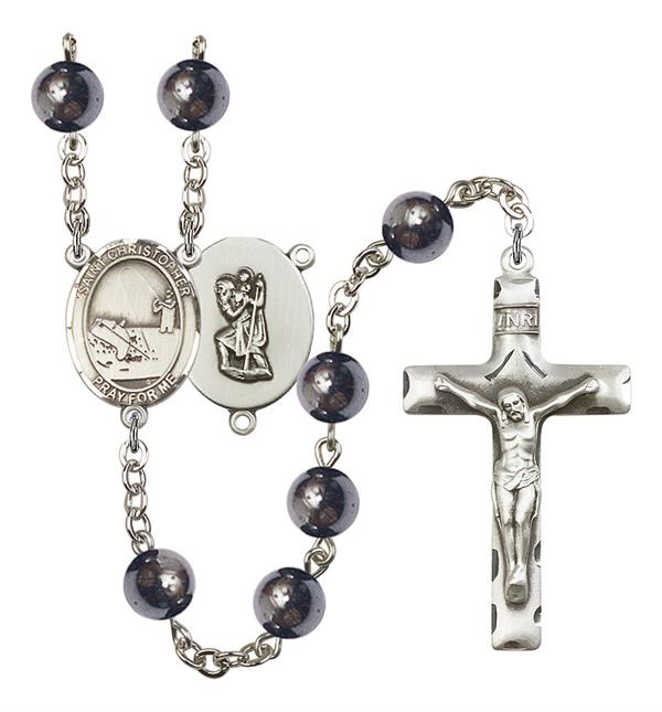 St. Christopher / Fishing Rosary, 8mm Hematite Beads, Silver Plate, # 11240