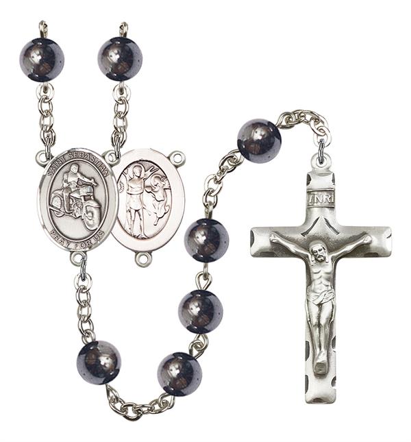 St. Sebastian / Motorcycle Rosary, 8mm Hematite Beads, Silver Plate, # 11241
