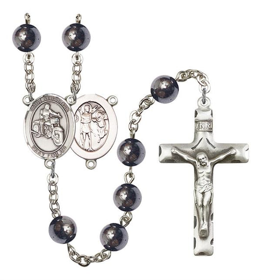 St. Sebastian / Motorcycle Rosary, 8mm Hematite Beads, Silver Plate, # 11241
