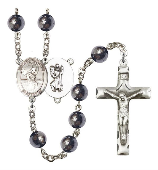 St. Christopher / Men's Water Polo Rosary, 8mm Hematite Beads, Silver Plate, # 11242