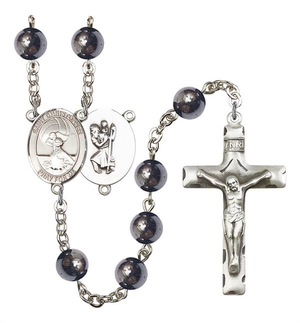 St. Christopher / Women's Water Polo Rosary, 8mm Hematite Beads, Silver Plate, # 11243