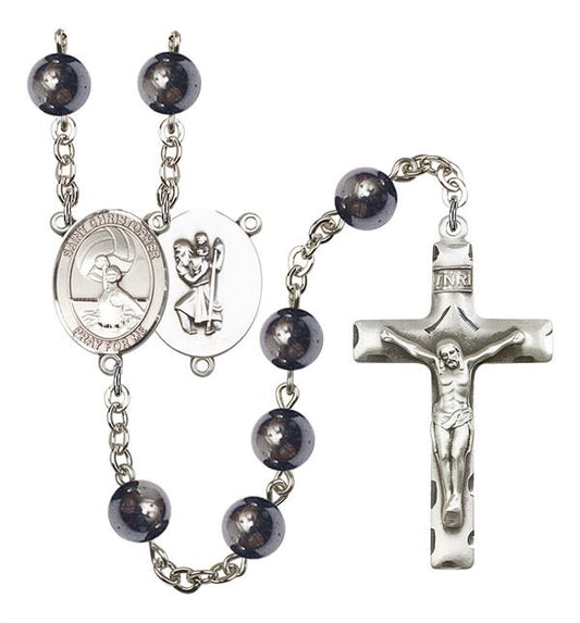St. Christopher / Women's Water Polo Rosary, 8mm Hematite Beads, Silver Plate, # 11243