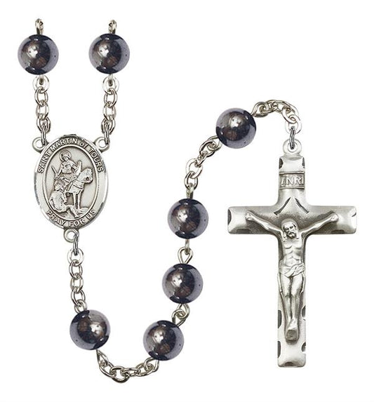 St. Martin of Tours Rosary, 8mm Hematite Beads, Silver Plate, # 11244
